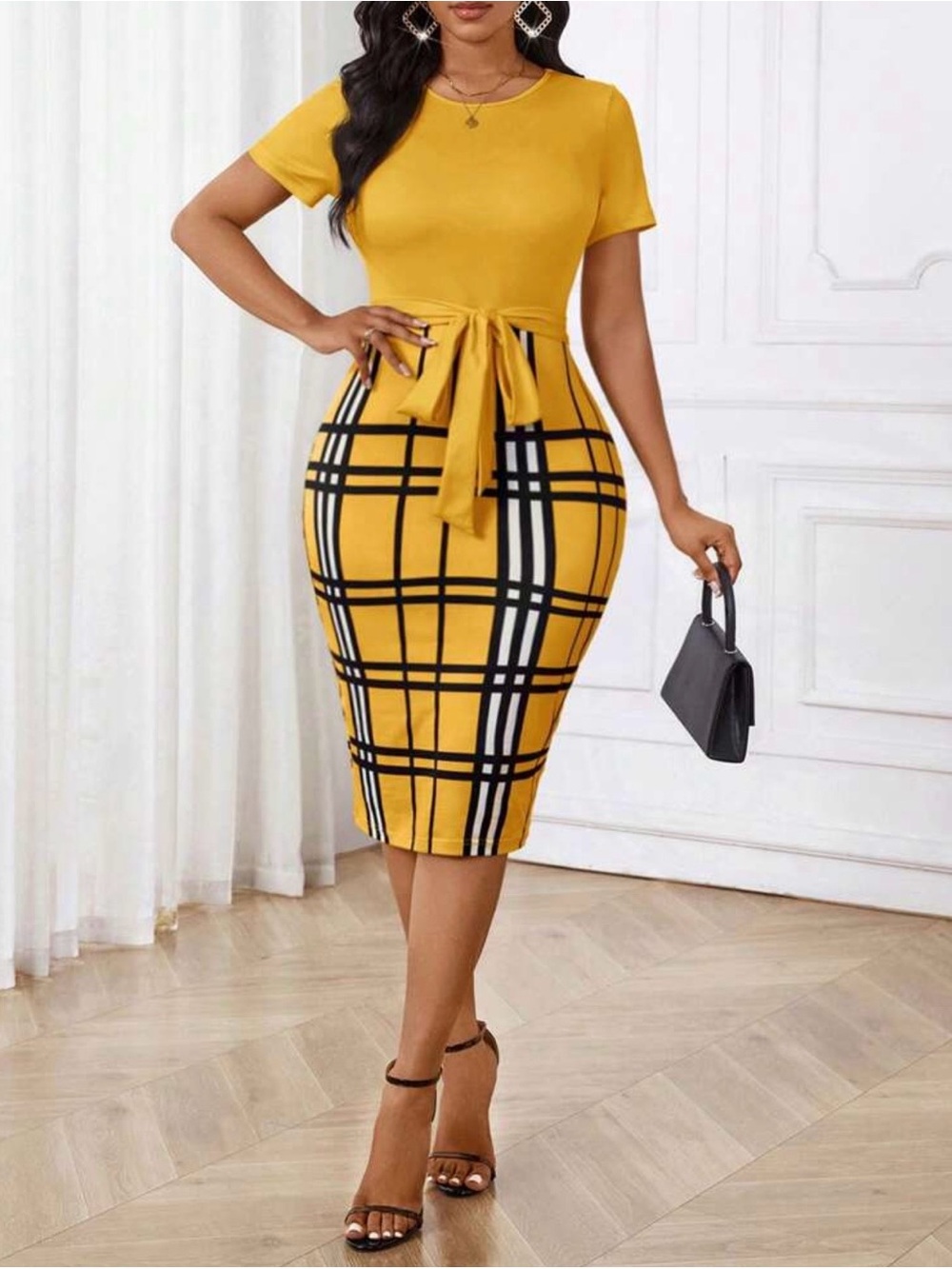 Yellow and black mid-length dress